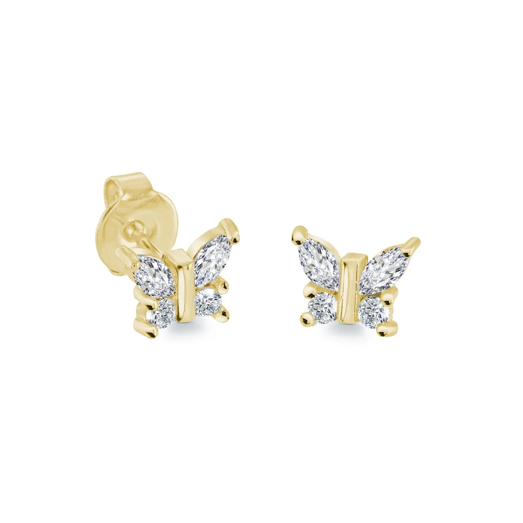 Boucles d'oreilles fixes papillons, acier inoxydable, zircons incolores