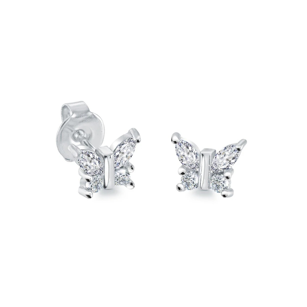 Boucles d'oreilles fixes papillons, acier inoxydable, zircons incolores