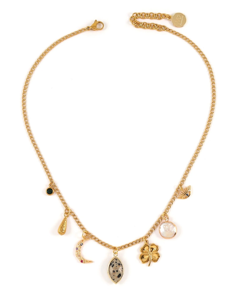 Collier acier inoxydable, nacre de perle, jaspe dalmatien, zircons multicolores - CLOVER-GOLD - Welldunn
