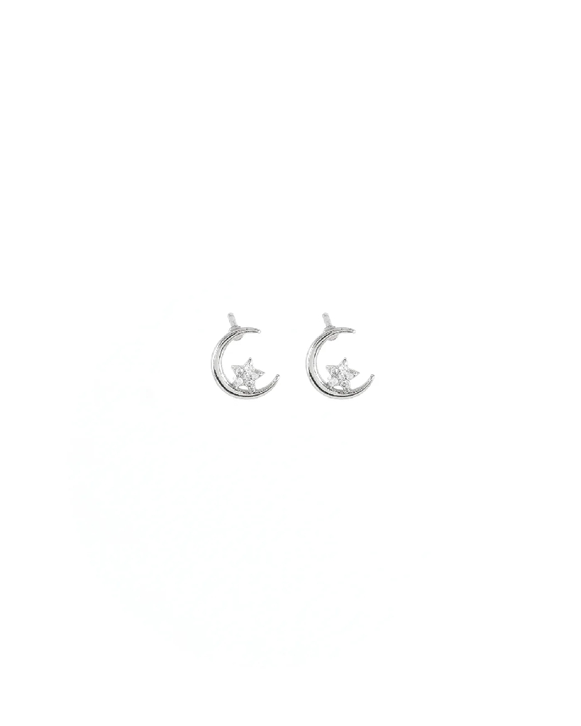 Boucles d'oreilles fixes lunes et étoiles, acier inoxydable, zircons incolores - LUNAYA-SILVER - Welldunn
