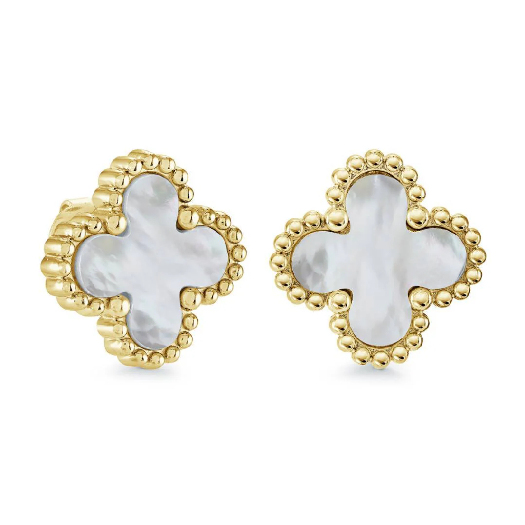 Boucles d'oreilles fixes de style Van Cleef, acier inoxydable, nacre de perle