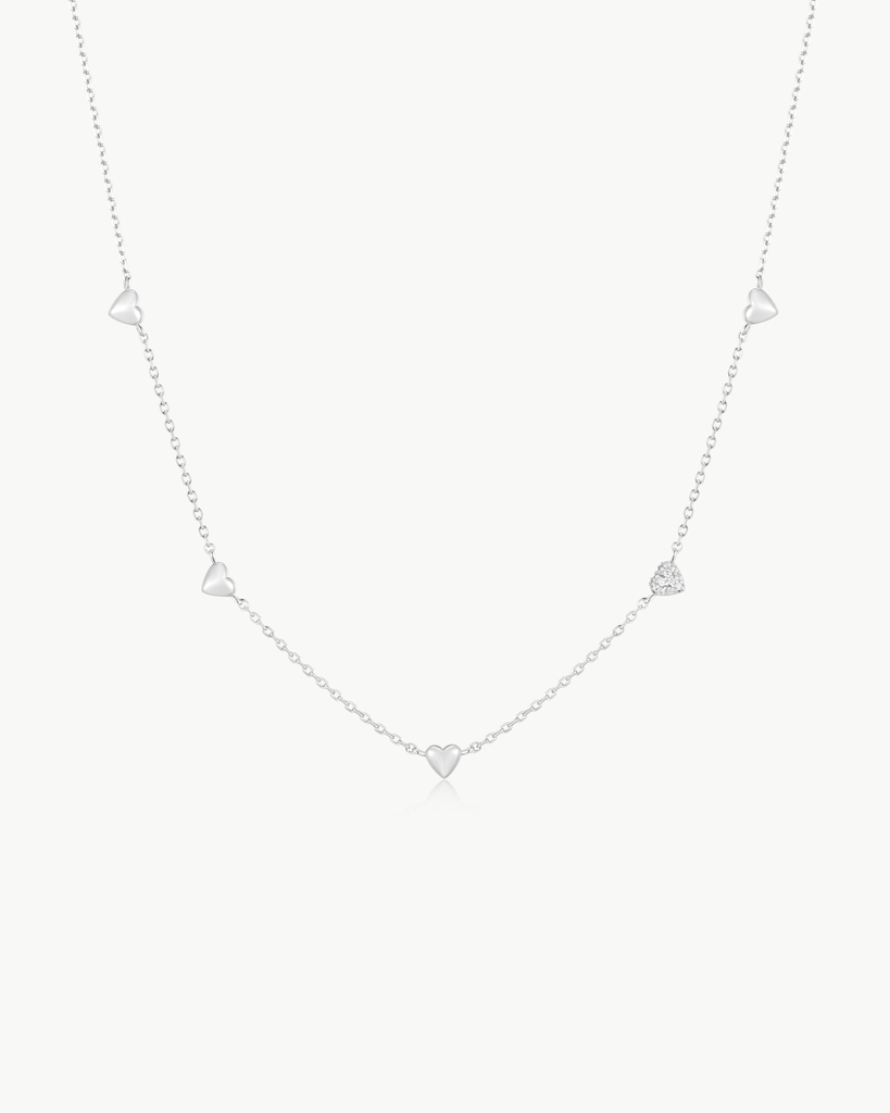 Collier coeurs bombés, argent, zircons incolores