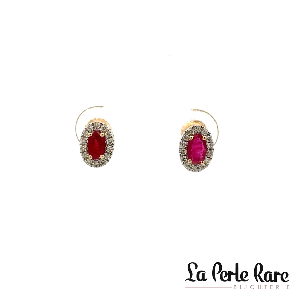 Boucles d'oreilles fixes vissées or 14 carats, rubis, 14 points de diamant total Boucles d'oreilles fixes vissées or 14 carats, rubis, 14 points de diamant total