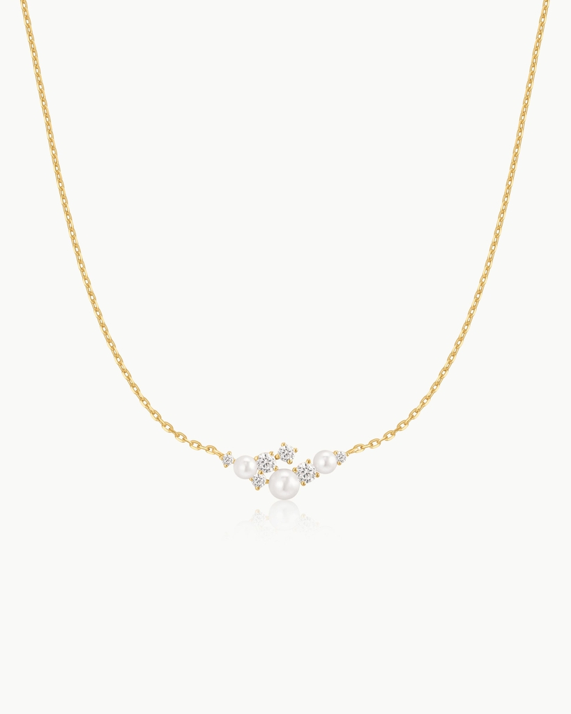 Collier argent, zircons incolores, perles