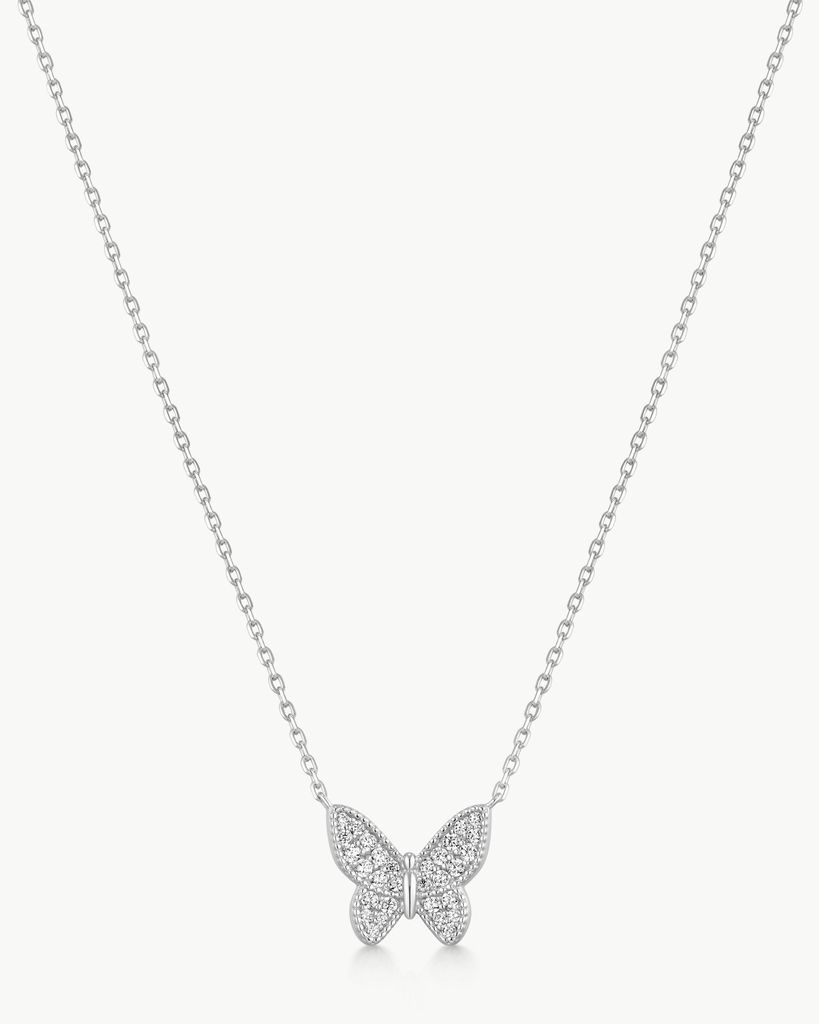 Collier papillon, argent, zircons incolores