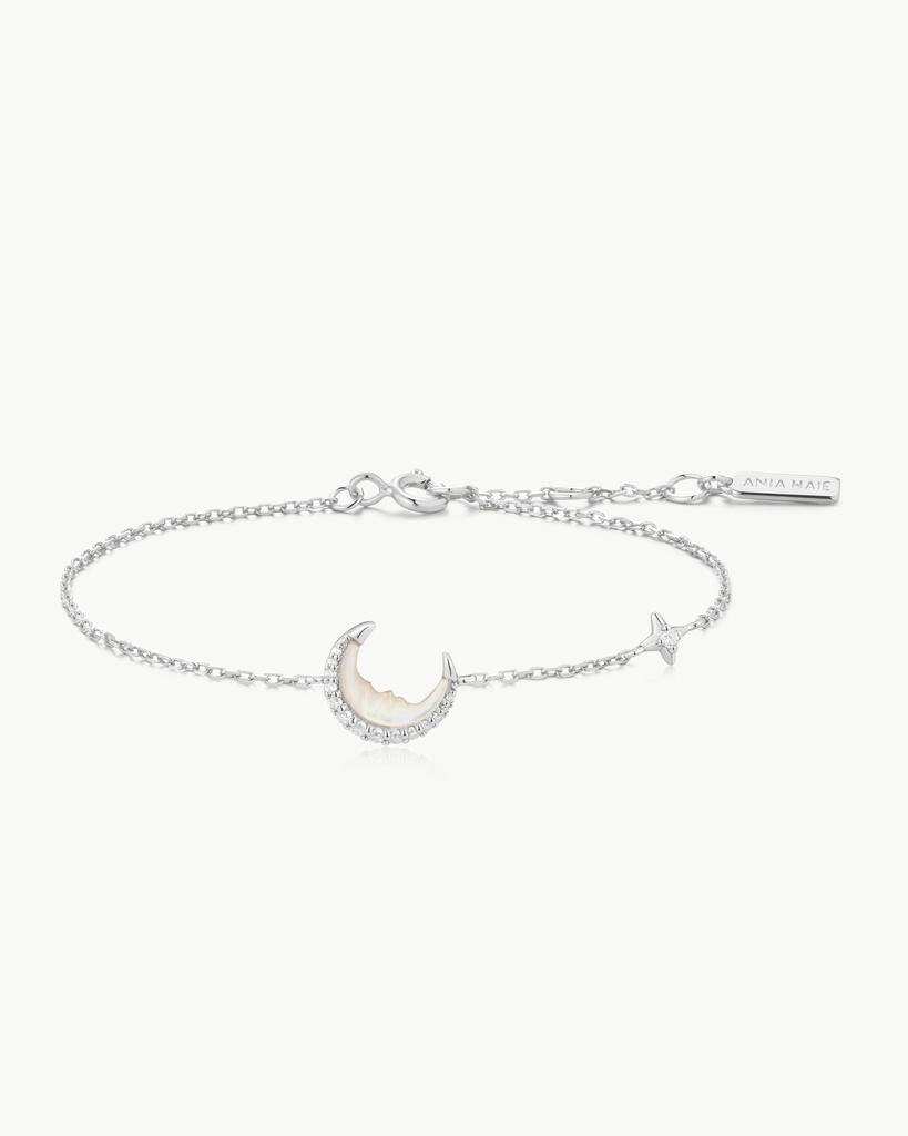 Bracelet croissant de lune, argent, zircons incolores, nacre de perle