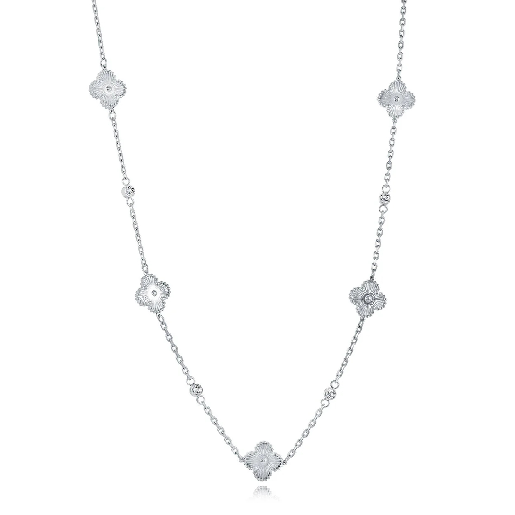 Collier de style trèfle, acier inoxydable, zircons incolores