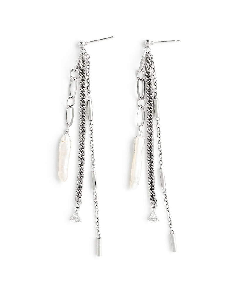 Boucles d'oreilles pendantes acier inoxydable, perles d'eau douce, zircons incolores - TRELLIS-SILVER - Welldunn