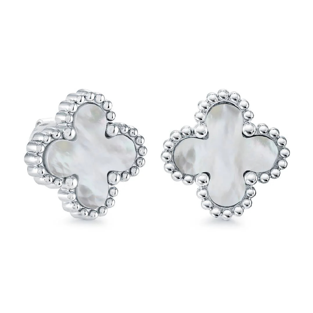 Boucles d'oreilles fixes de style Van Cleef, acier inoxydable, nacre de perle