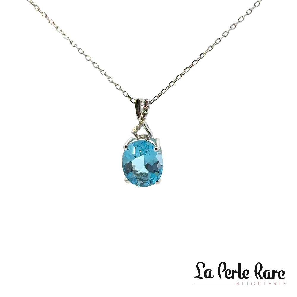 Pendentif or blanc 10 carats, topaze bleue, 4 points de diamants total - LPR-2533 - Exclusivités