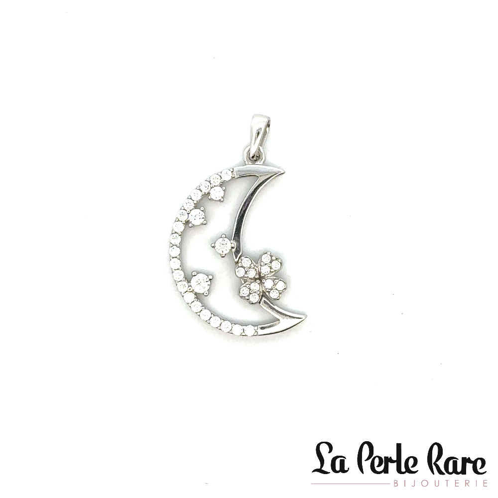 Pendentif lune, or blanc 10 carats, zircons incolores - PDS01-814-B - Exclusivités