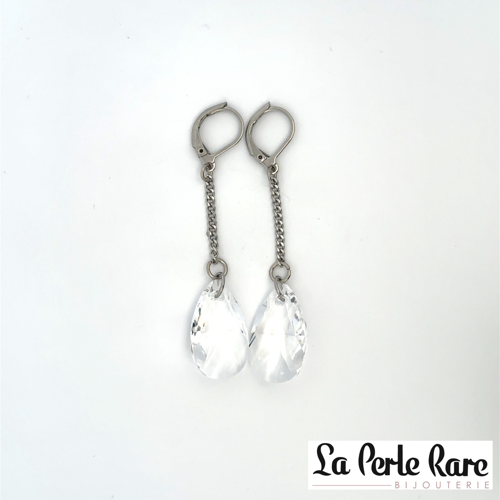 Boucles d'oreilles pendantes acier inoxydable, cristaux incolores - T2X0360700 - Steelx