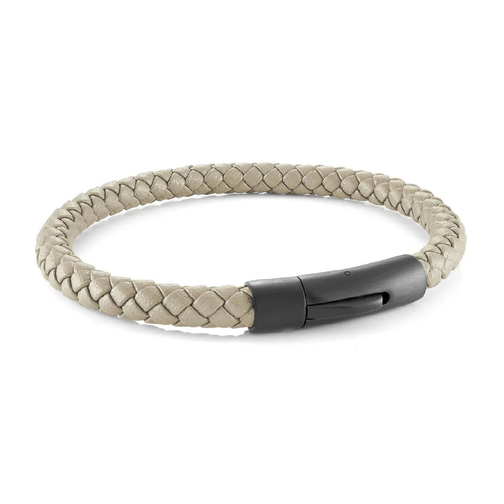 Bracelet cuir beige tressé, acier inoxydable noir