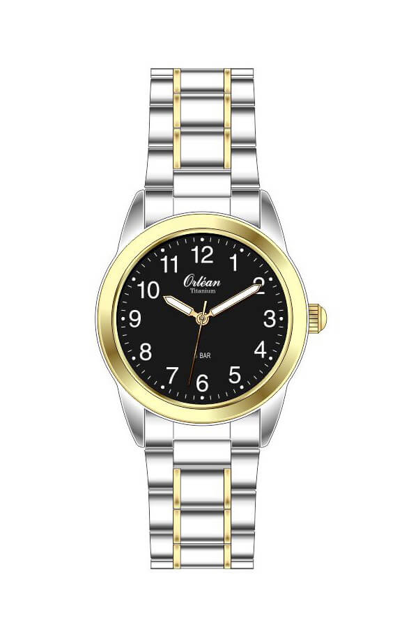 Montre titane 2 tons (blanc/jaune), fond noir - ME3626 - Orlean