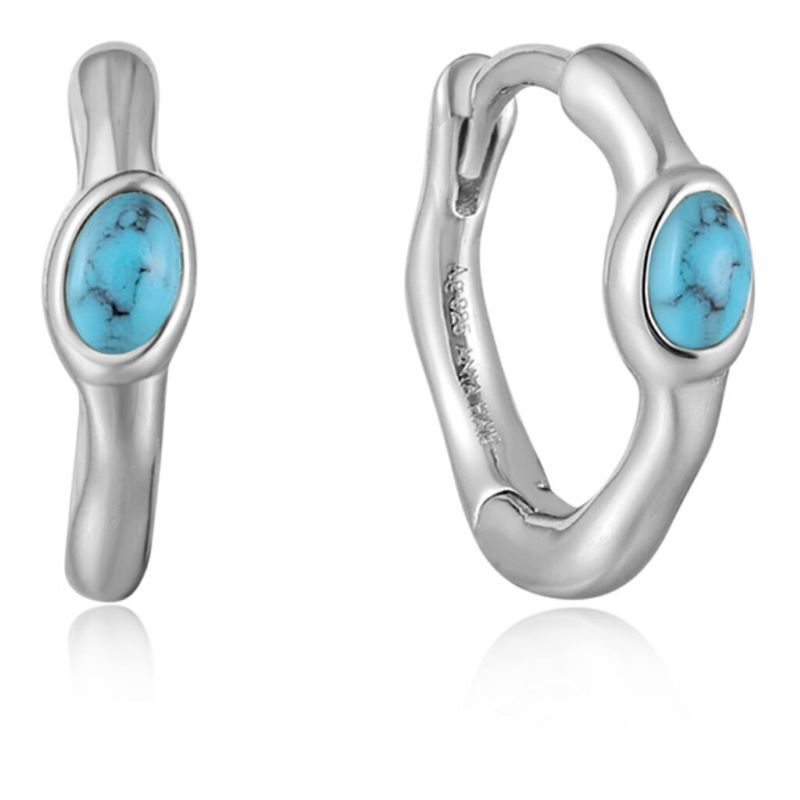 Rhodium-plated silver huggies with turquoise - E044-02H - Ania Haie