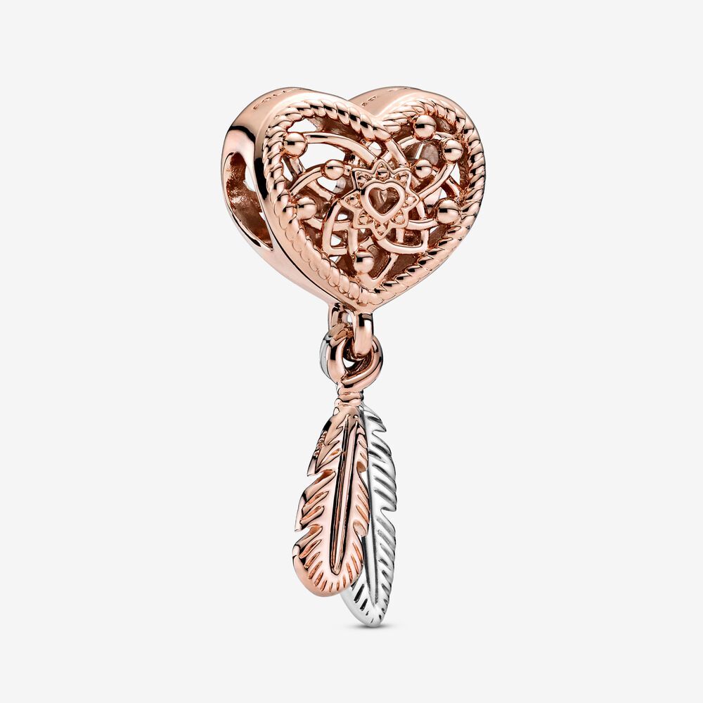 Bille capteur de rêve avec coeur ajouré et 2 plumes pandora rose - 789068C00 - Pandora