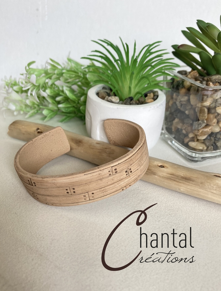 Bracelet rigide ouvert Manijka bois, argile polymère - 25-BR-3 - Création Chantal