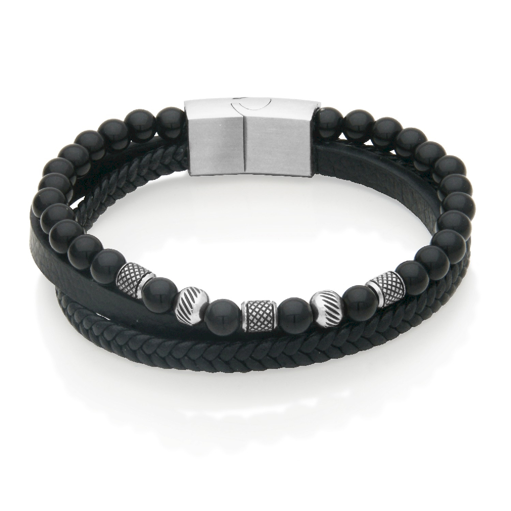 Bracelet cuir noir, acier inoxydable, agate noire, 6 millimètres - T1XH550185 - Steelx