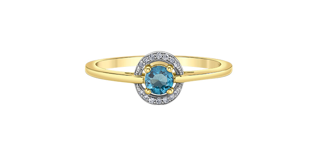 Bague or jaune 10 carats, topaze bleue, 3 points de diamant total - DX975YBT - Corona