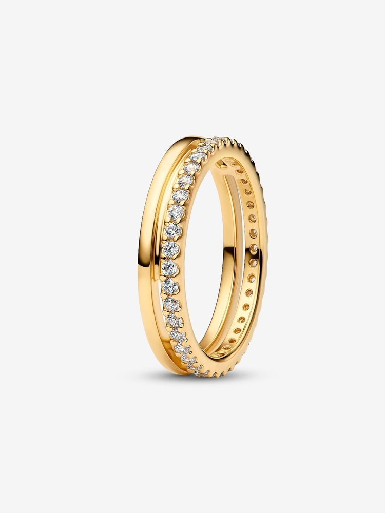 Bague à double anneau, métal unique plaqué d'or 14 carats, zircons incolores - 163799C01-52 - Pandora