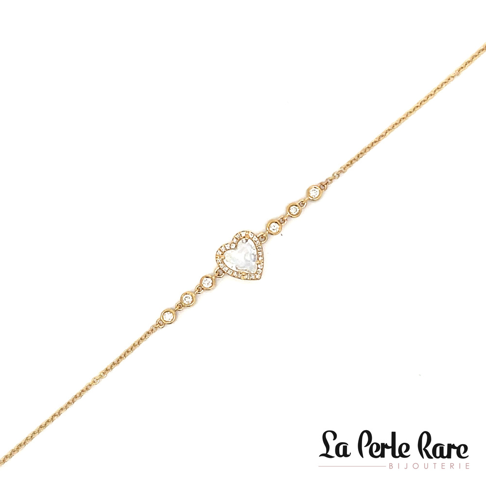 Bracelet coeur, or jaune, pierre de lune, 18 pts dia tot Bracelet coeur, or jaune, pierre de lune, 18 pts dia tot
