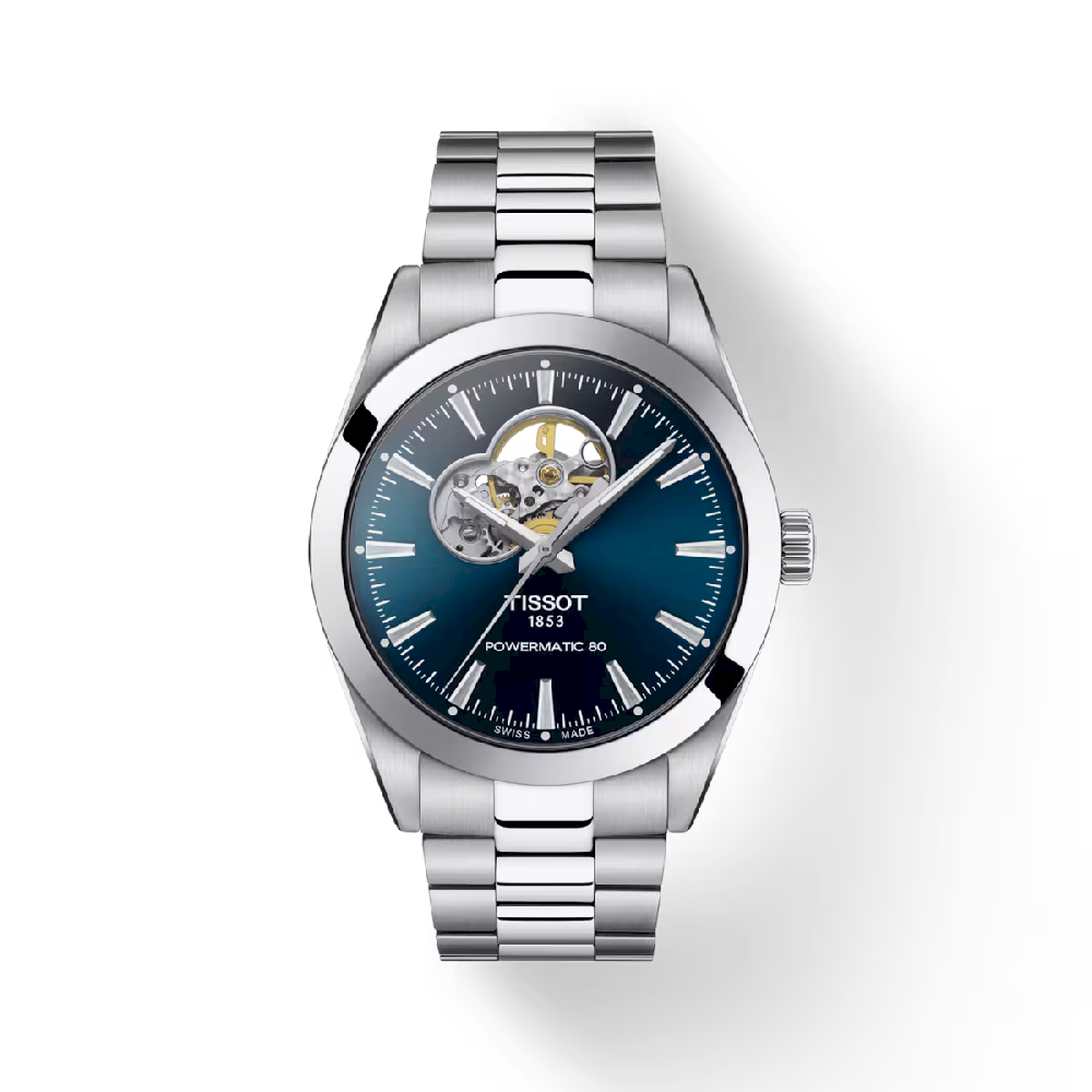 Montre homme automatique acier et cadran bleu, gentleman powermatic 80 open heart - T127.407.11.041.01 - Tissot