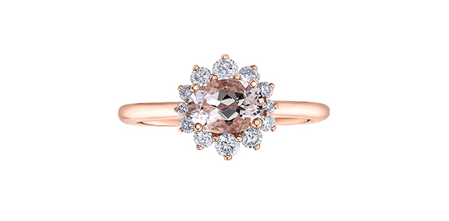 Bague or rose, morganite 7x5 mm, 30 pts dia tot - DD7682 - Corona