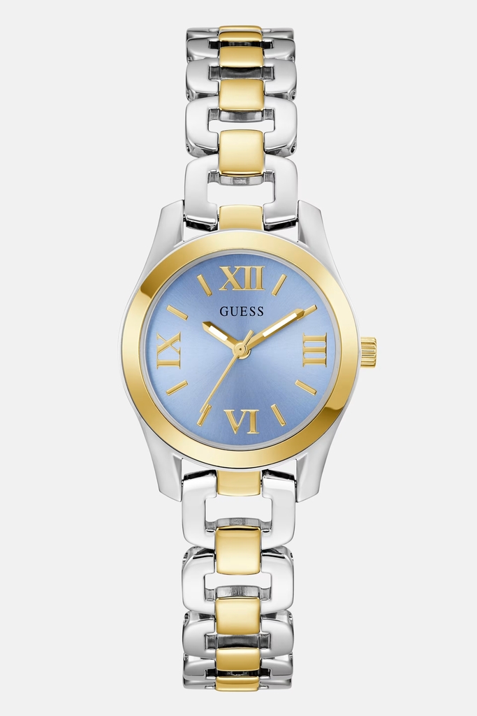 Montre acier inoxydable 2 tons (blanc et jaune), fond bleu