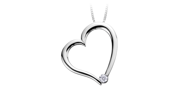 Pendentif coeur, or blanc 10 carats, diamant canadien de 3 points, certificat