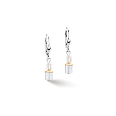 Boucles d'oreilles pendantes acier inoxydable 2 tons (blanc/jaune), perles d'eau douce, verre, cristaux - 1126-20-1400 - Coeur De Lion