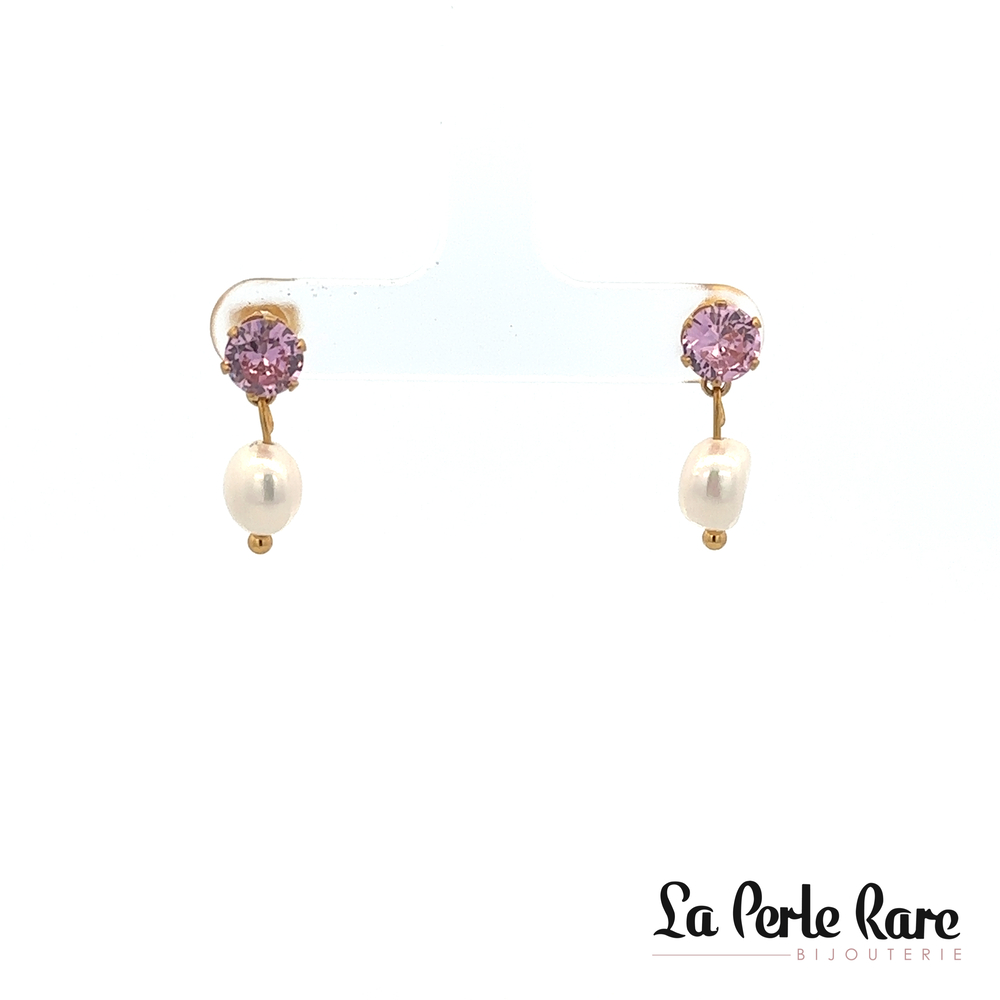 Bo pendantes acier doré, perles d'eau douce, zircons roses - KATHERINA - Marine Minelle