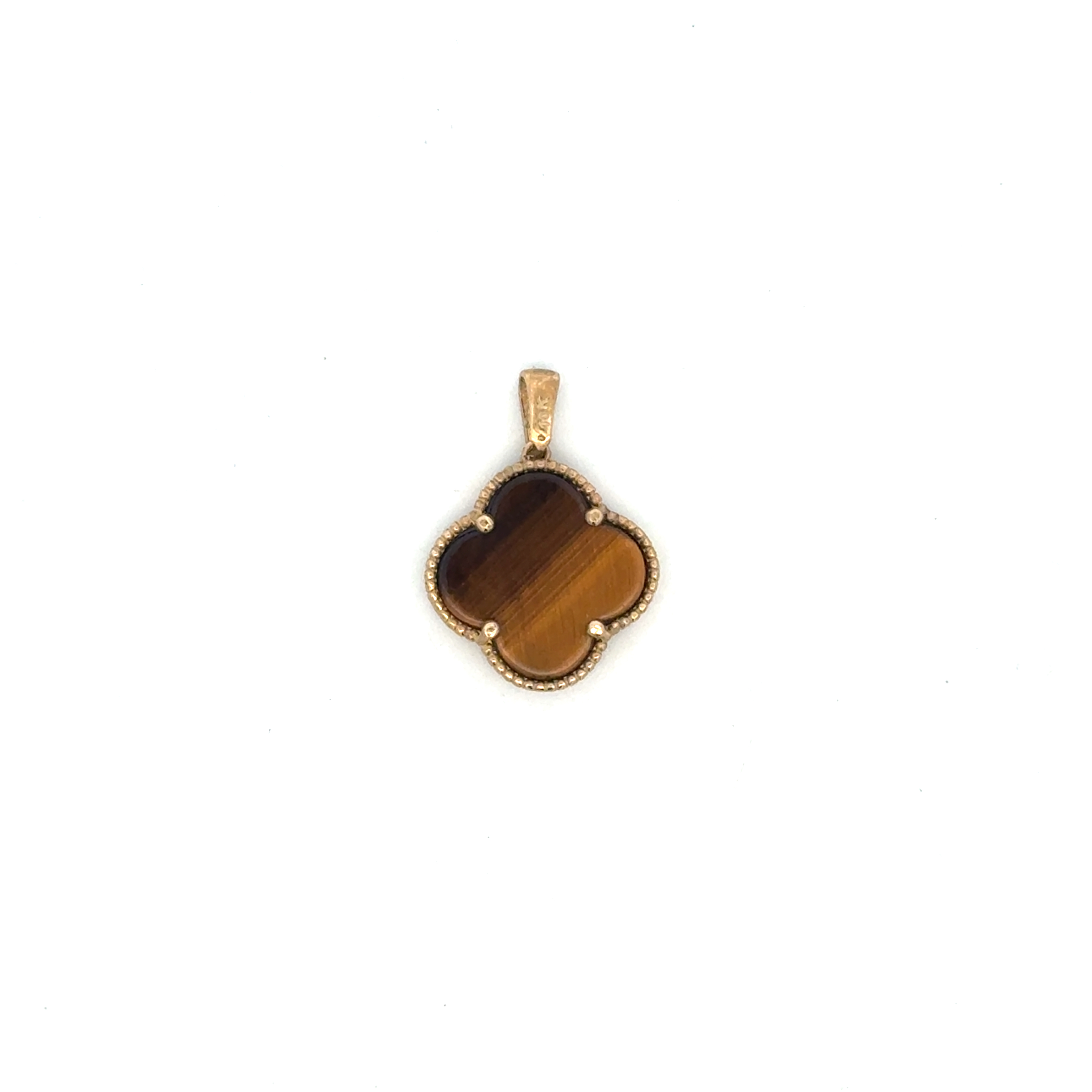 Pendentif de style Van Cleef, or jaune 10 carats, oeil-de-tigre