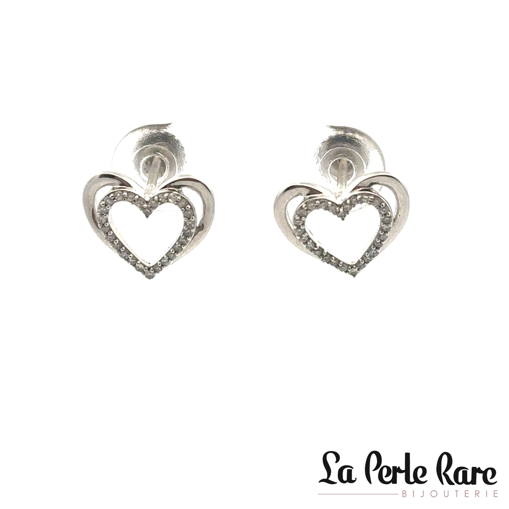 Boucles d'oreilles fixes coeurs, or blanc 10 carat, 20 points de diamant total - 102644 - Exclusivités