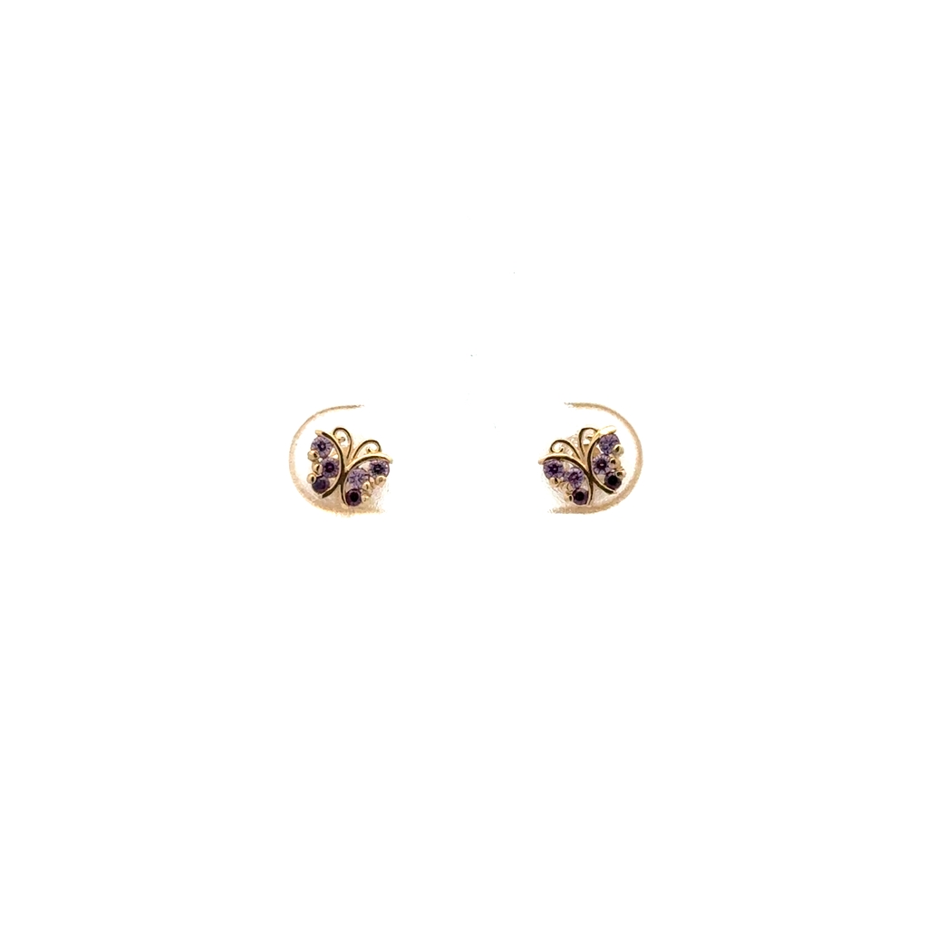 Boucles d'oreilles fixes vissées papillons, or jaune 10 carats, zircons mauves
