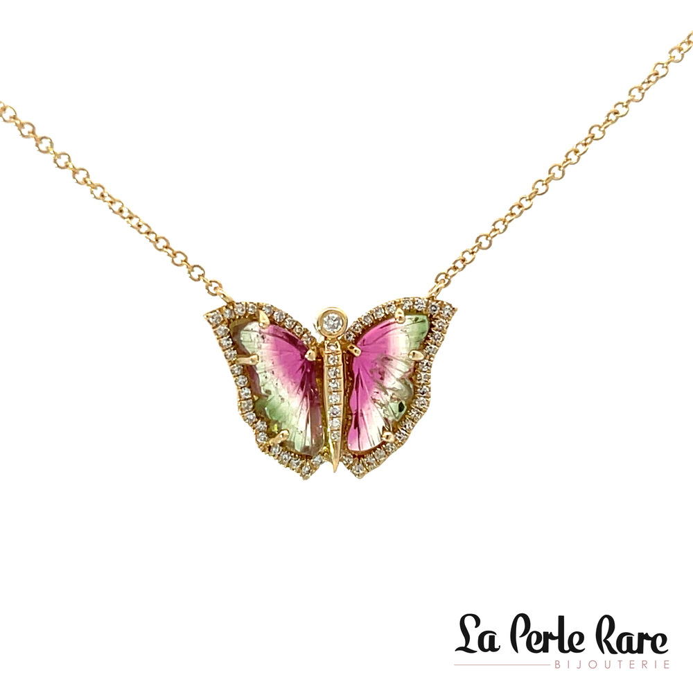 Collier papillon, or jaune, tourmalines, 16 pts dia tot Collier papillon, or jaune, tourmalines, 16 pts dia tot