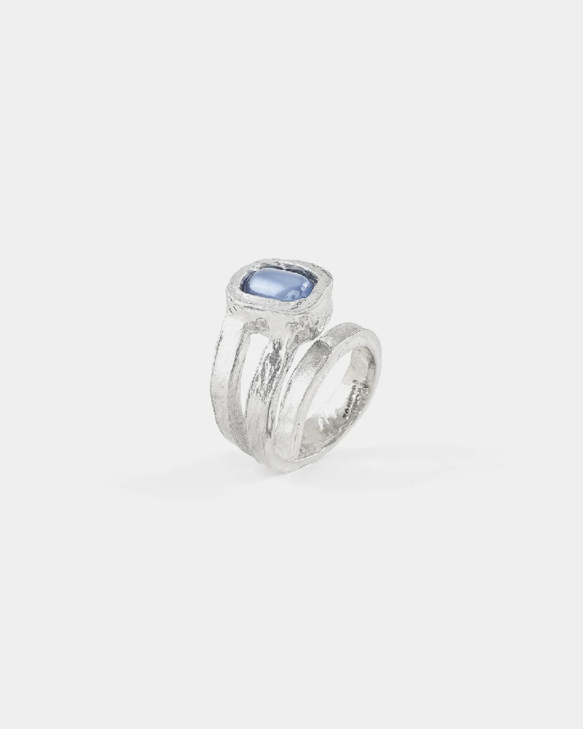 Bague ajustable étain, verre coloré bleu