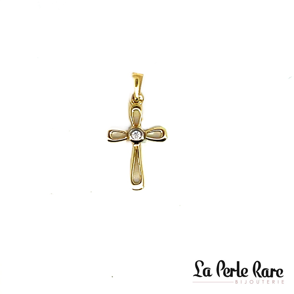 Pendentif croix, or 2 tons (jaune/blanc) 10 carats, zircon incolore - PAT-135-2T - Exclusivités