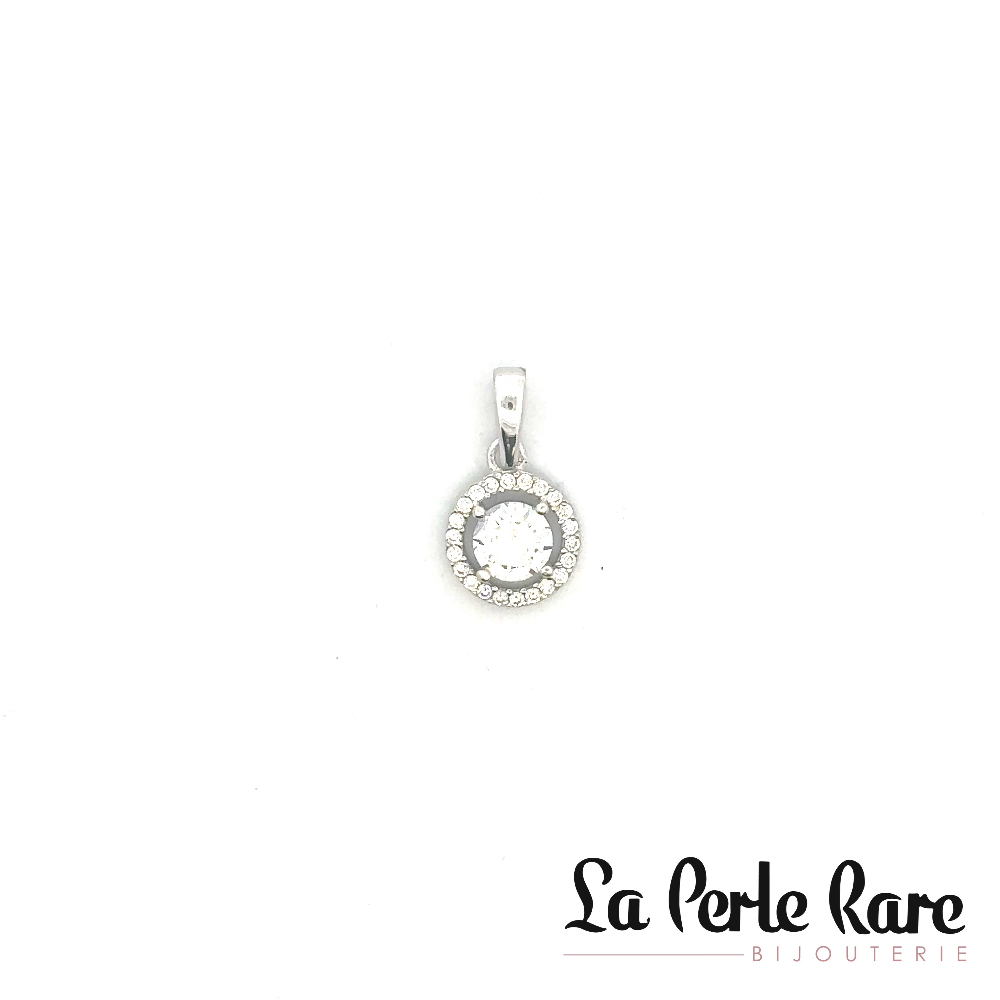 Pendentif rond, or blanc 10 carats, zircons incolores