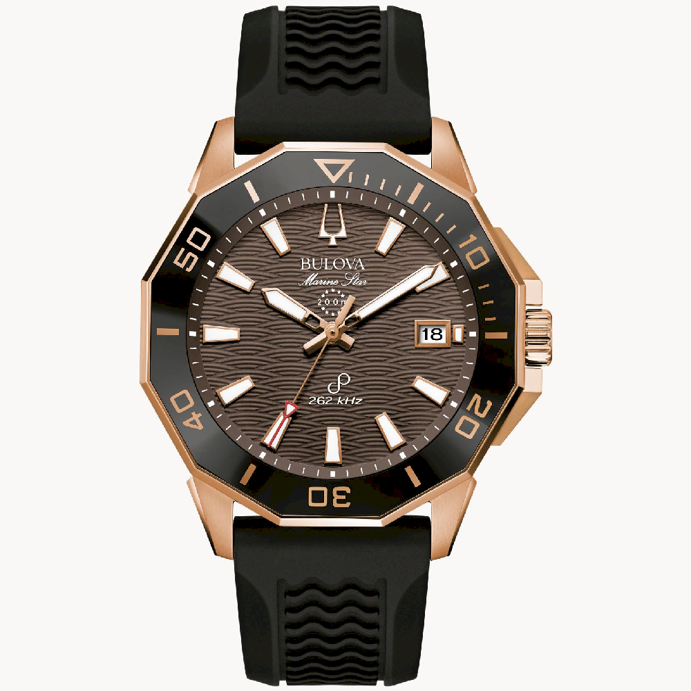 Montre Marine Star, silicone noir, acier inoxydable 2 tons (rose/noir), fond brun - 98B421 - Bulova