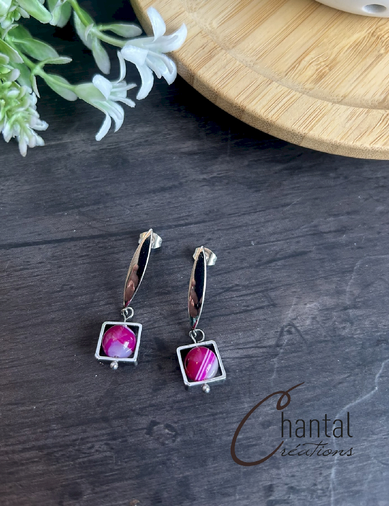 Boucles d'oreilles pendantes Caroline rose, acier inoxydable, agates roses - 25-BO-37 - Création Chantal