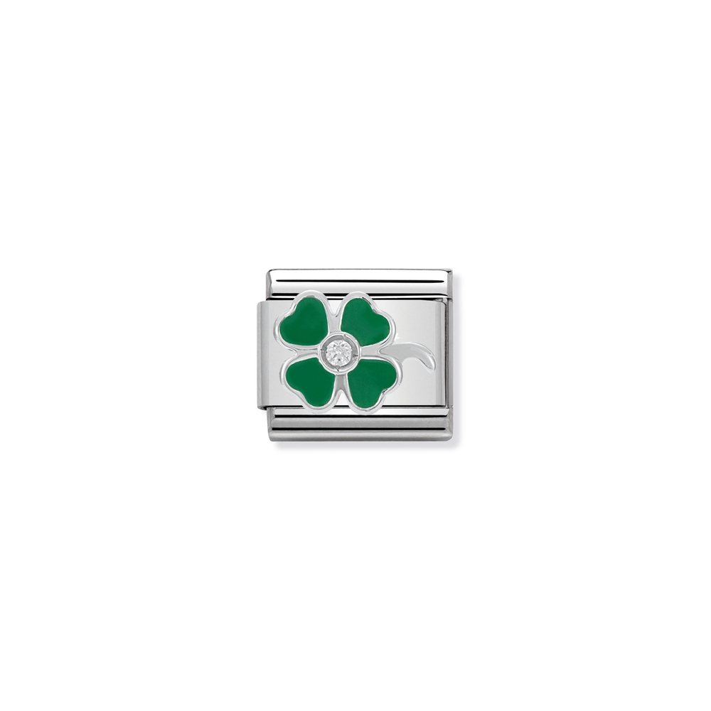 Maille classique trèfle à quatre feuilles, acier inoxydable, argent, zircon incolore, émail vert - 33030513 - NOMINATION