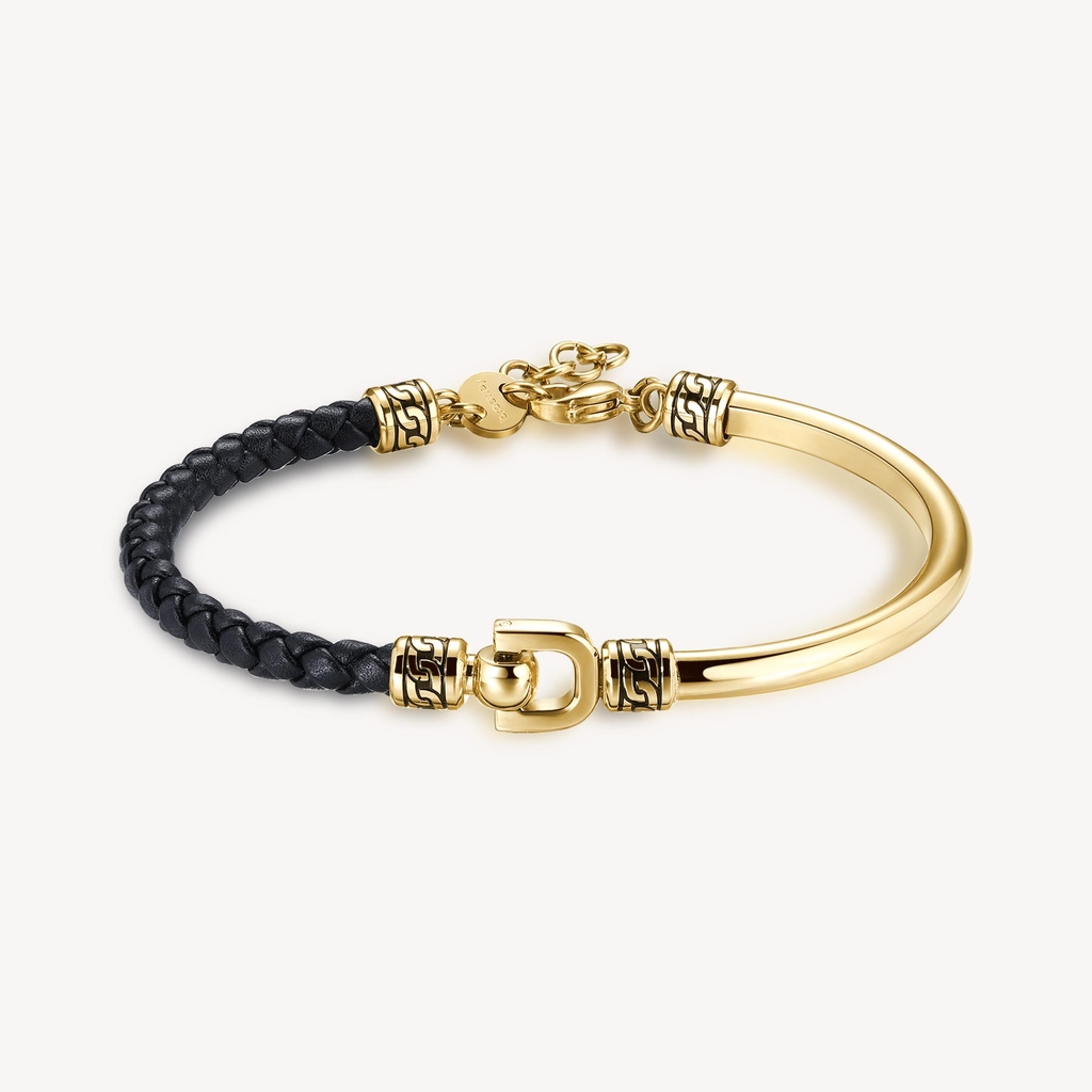 Bracelet acier inoxydable finition doré, cuir noir tressé - BKC15 - Brosway Italia