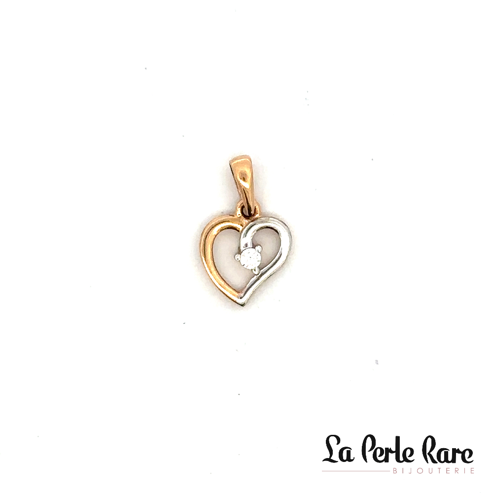 Pendentif coeur, or 2 tons (blanc/rose) 10 carats, zircon incolore - PMDD01-1865-2TR - Exclusivités