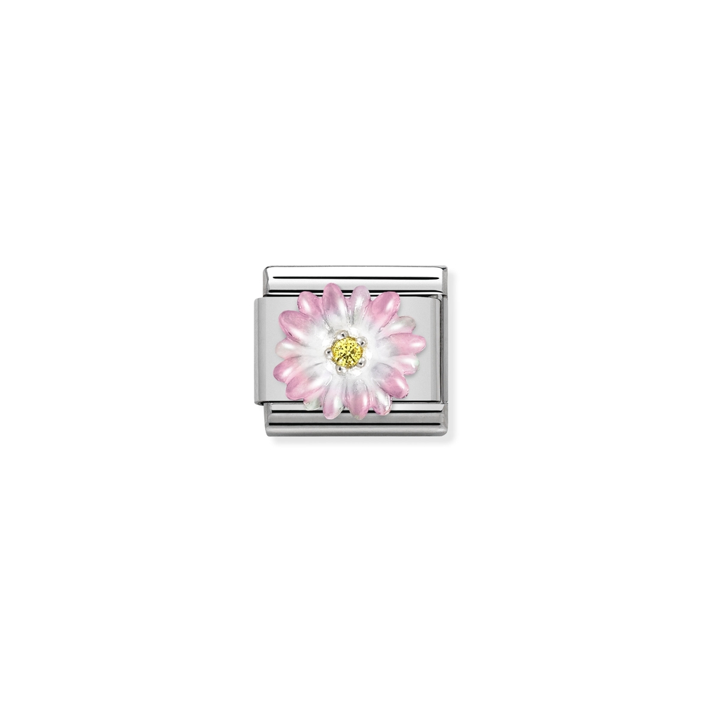 Maille classique fleur rose, acier inoxydable, argent, zircon jaune, émail rose - 33032105 - NOMINATION