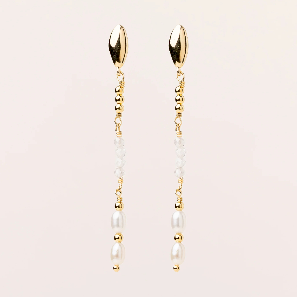 Boucles d'oreilles pendantes Anne, argent plaqué or 14 carats, zircons incolores, perles d'eau douce