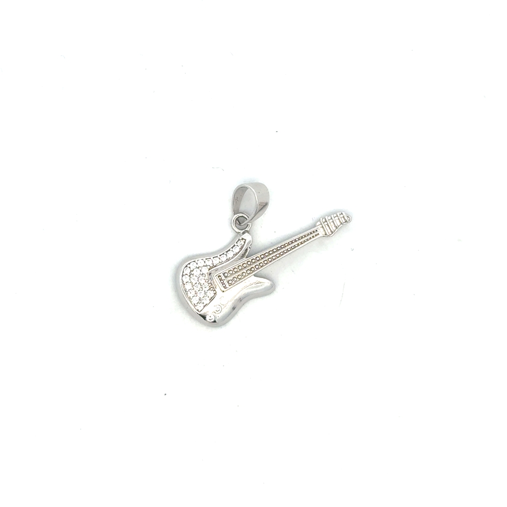 Pendentif guitare électrique, argent rhodié, zircons incolores