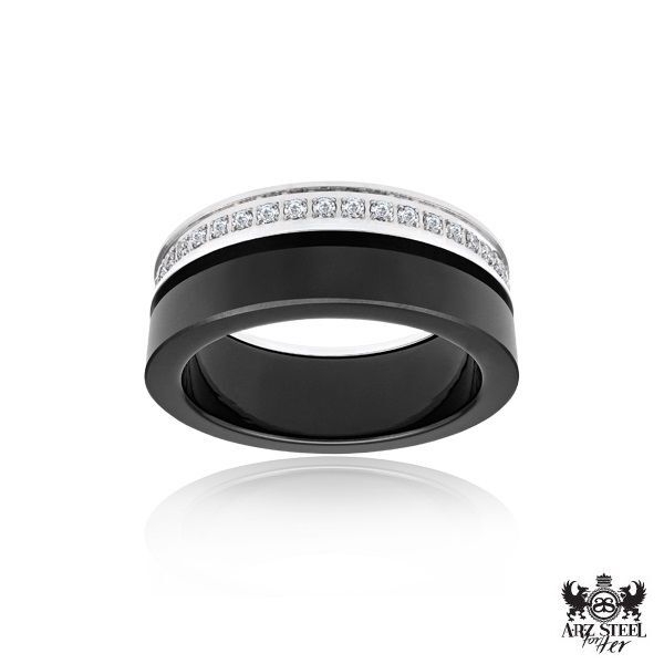 Bague acier, céramique noire, zircons - SSR17B-5 - Arz Steel