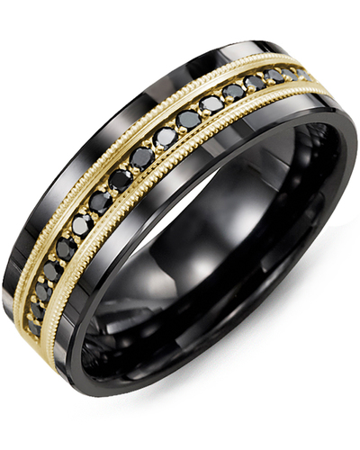 Jonc céramique noire, or jaune 10 carats, 34 points de diamant noir total, 9 millimètres - MDH910CY-34B - Madani