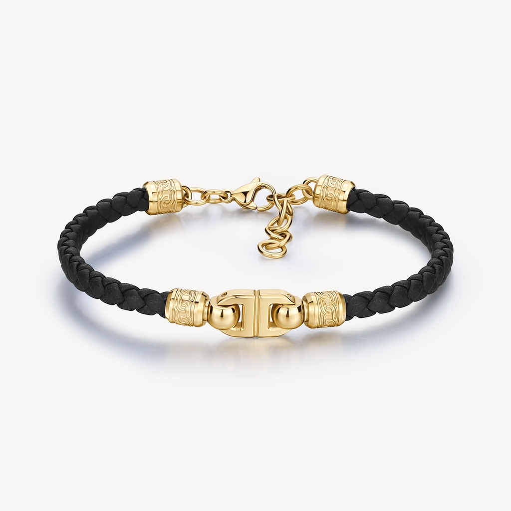 Bracelet cuir noir tressé, acier inoxydable finition doré - BKC20 - Brosway Italia