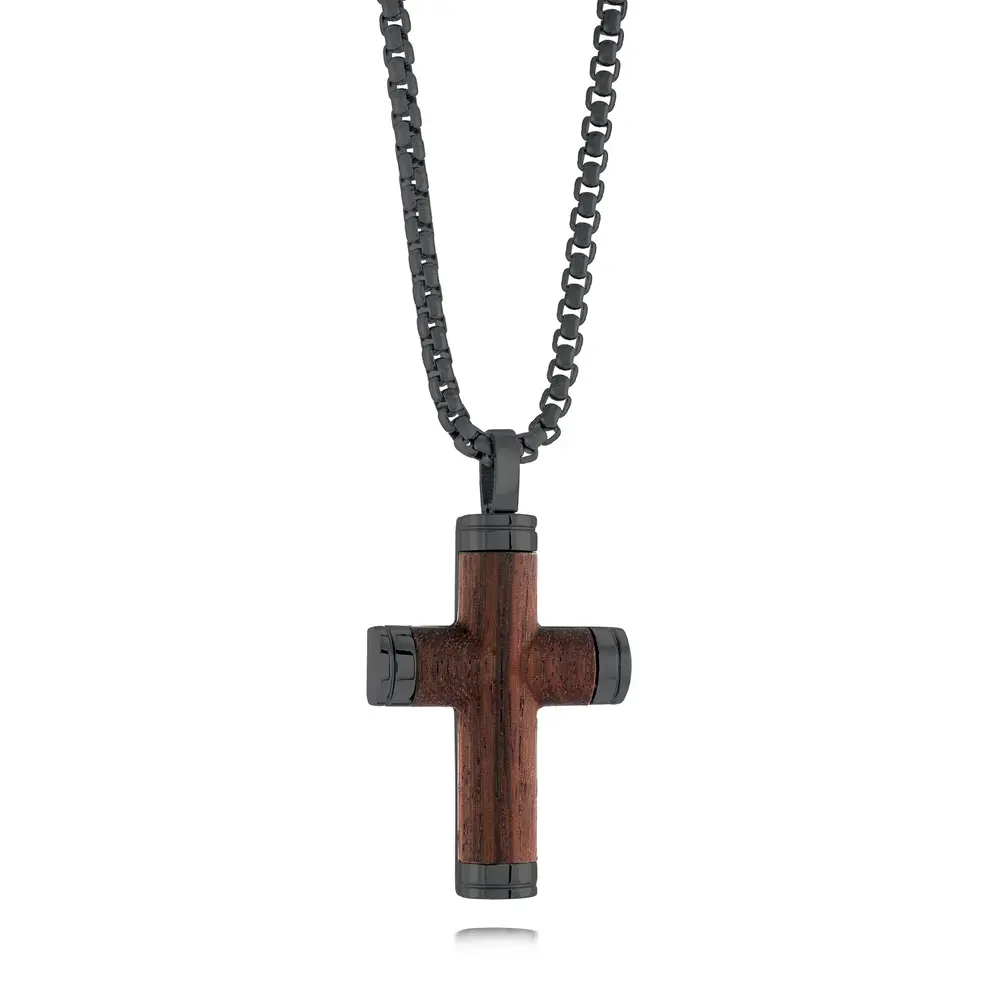 Pendentif croix, acier noir, bois - SC183-BK - Italgem Steel